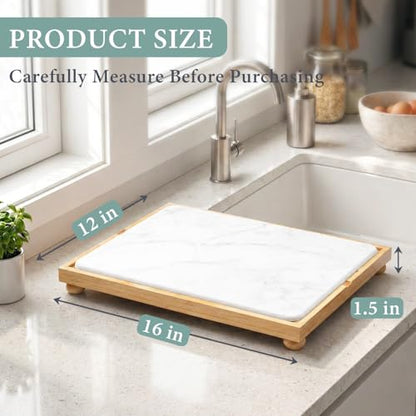 Golener Stone Drying Mat for Kitchen Counter, Dish Drying Pad with Bamboo Rack, Super Absorbent Diatomaceous Earth and Drying Rack, Multi-purpose Quick Drying Mat Rack for Kitchen,Marble White,16”x12”