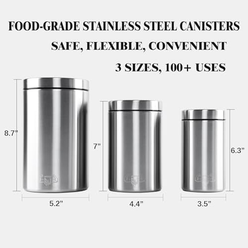 3-Piece Stainless Steel Food Canisters Set (27/47/84oz) | Airtight Metal Kitchen Storage Containers with Screw Lids | Stackable Jars for Coffee, Flour, Sugar & Protein Powder - color: Silver