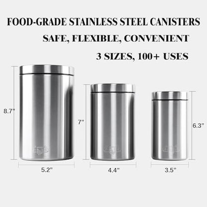 3-Piece Stainless Steel Food Canisters Set (27/47/84oz) | Airtight Metal Kitchen Storage Containers with Screw Lids | Stackable Jars for Coffee, Flour, Sugar & Protein Powder - color: Silver