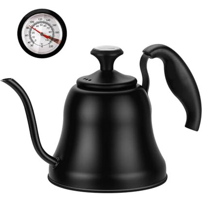 Tea Kettle with Thermometer, Gooseneck Pour Over, 28oz, Matte Black | Food Grade Stainless Steel, Precise Gooseneck Spout, 0.8L, Camping Home Kitchen, Induction & Gas Applicable, 1Pack - style: Matte Black（with Thermometer）