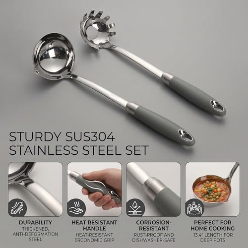 18/10 Stainless Steel Soup Ladle and Pasta Server Set, 2-Piece | Premium 18/10 stainless steel soup ladle and pasta server with ergonomic heat-resistant handles for everyday cooking. - color: Gray