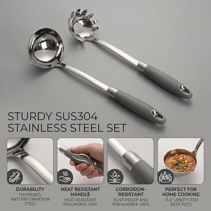 18/10 Stainless Steel Soup Ladle and Pasta Server Set, 2-Piece | Premium 18/10 stainless steel soup ladle and pasta server with ergonomic heat-resistant handles for everyday cooking. - color: Gray