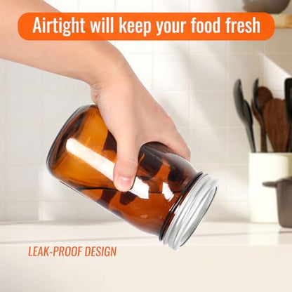 32 oz Amber Glass Mason Jars 6 Pack, Wide Mouth Airtight Lids with Bands | Amber glass, canning/preserving/jam/sauces/pickle fermenting, beverages/DIY projects, reusable, quart size, wide mouth design