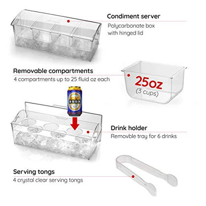 Pikanty Chilled Condiment Server Caddy with Ice Base - 4 Compartments and 4 Serving Tongs Included, Mimosa Bar, Taco Bar, Garnish Tray for Parties, Weddings, BBQs, Dishwasher Safe, Made in USA - style: Condiment Server Caddy on Ice