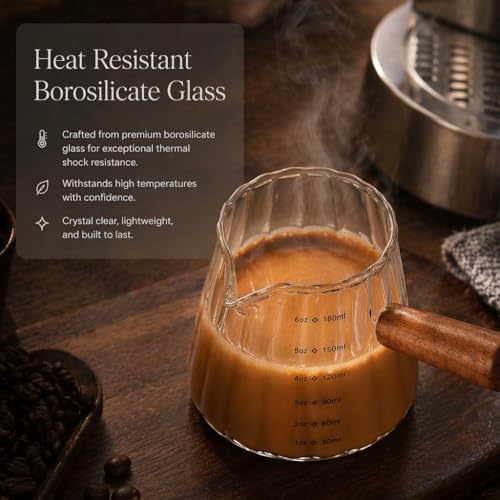 6 oz Espresso Cups - Glass Measuring Cups with Spout - Ribbed Small Creamer Pitcher- Expresso Shots Cup with Wood Handle for Coffee Milk, Dishwasher Safe (Transparent, 2 pack) - color: Transparent, size: 2 pack