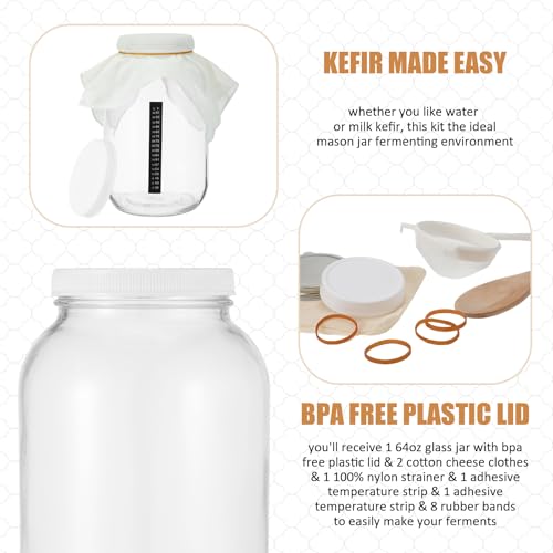 Honeydak 8 Pcs Complete Kefir Starter Kit Kombucha Fermenter Kit Gallon 128oz Mason Jar Wide Mouth with Plastic Storage Lid Nylon Mesh Strainer Cotton Cloth Cover and Wood Spoon - color: as shown in the picture, size: 128 oz