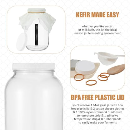 Honeydak 8 Pcs Complete Kefir Starter Kit Kombucha Fermenter Kit Gallon 128oz Mason Jar Wide Mouth with Plastic Storage Lid Nylon Mesh Strainer Cotton Cloth Cover and Wood Spoon - color: as shown in the picture, size: 128 oz