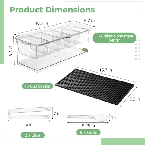 Chilled Condiment Server with Lid, 5-Compartment Plastic Food Storage Container with Drain Holes, Ice Box for Fruits with Cup Coaster, 2 Clips & 6 Fork Spoons, 16.1 x 6.4 x 5.7 in, Transparent