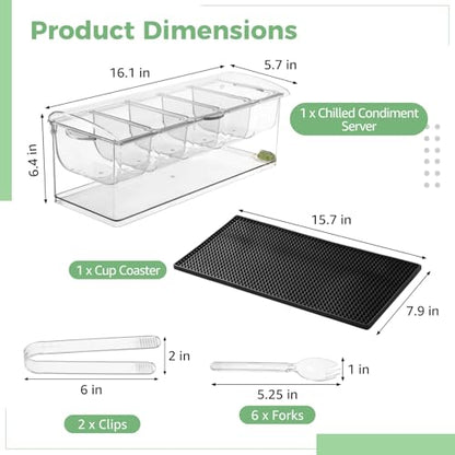 Chilled Condiment Server with Lid, 5-Compartment Plastic Food Storage Container with Drain Holes, Ice Box for Fruits with Cup Coaster, 2 Clips & 6 Fork Spoons, 16.1 x 6.4 x 5.7 in, Transparent