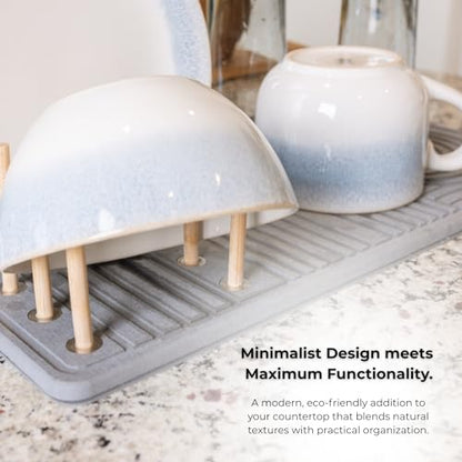 Stone Dish Drying Mat with Bamboo Rack – Fast-Drying Diatomaceous Earth Surface with Non-Slip Silicone Base – Eco-Friendly, Super Absorbent Drying Pad for Kitchen Countertops and Dishes (Gray)
