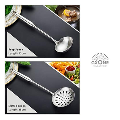 Kitchen Utensil Set – 6 Piece Stainless Steel Cooking Utensils with Rotating Holder Organizer Includes Slotted Spoon, Slotted Spatula, Large Spoon, Soup Ladle, Spatula, Pasta Server Silver/7PCS - style: Cooking Utensils