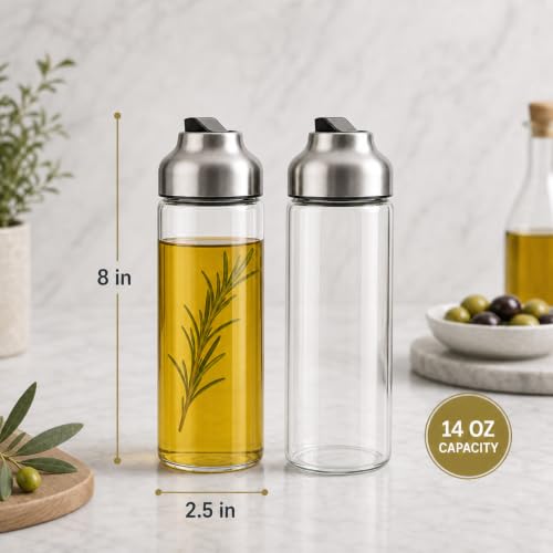 Aelga Olive Oil Dispenser - 14 OZ Glass Oil and Vinegar Dispenser Bottles Set for Kitchen No Drip-Set of 2 - color: Silver, style: 14OZ Set of 2