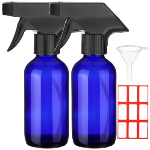 Fumete 2 Pack Glass Bottles 4oz Empty Refillable Liquid Containers with 1 Label 1 Funnel for Essential Oils Hair Travel Plants Cleaning Skin Care (Spray Bottle, Blue, Black Top) - color: Blue, Black Top, style: Spray Bottle