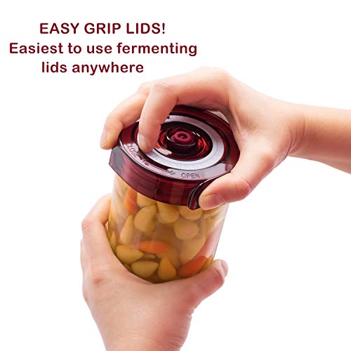 Fermenting Lids for wide mouth mason jars. 4 waterless airlock fermentation lids kit. Easy Grip fermenter lid with Oxygen Pump automatically Vents air. Tracks ferment date. (4 Lids + Pump)