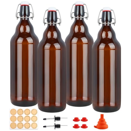 Amber Swing Top Glass Bottles 32 oz, 4 Pack Flip Top Bottles with Airtight Stopper for Home Brewing, Kombucha, Beer, Kefir, Beverages