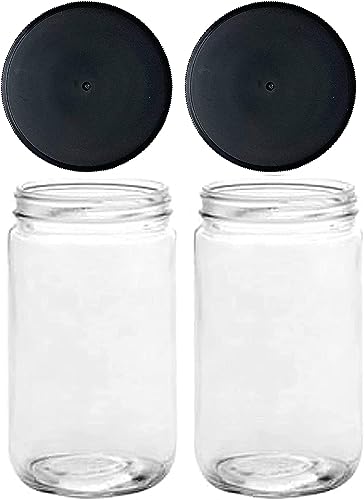Jarming Collections Mason Jars - 32 Oz Glass Extra Wide Mouth Quart Storage Jars with Lids - BPA Free Plastic Lids - Made in USA (Set of 2) - color: 2 Black Plastic Lids