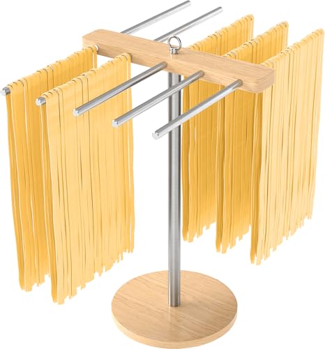 STWWO Stable Pasta Drying Rack, 304 Stainless Steels Arms Collapsible | Prevents from Sticking, Large Drying Rack for Fresh Spaghetti, Homemade Noddles, Tagliatelle, Fettuccine - size: Wood Base