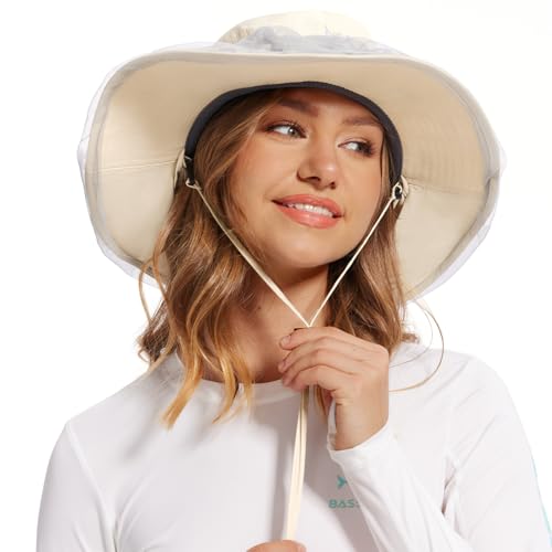BASSDASH UPF 50+ Mosquito Net Hat with Stowable Neck Flap for Men Women Outdoor Fishing Hiking Camping Gardening FH17 - color: Beige, size: Medium