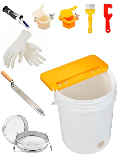 10PCS Honey Harvesting Beekeeping Tool Kit, 5 Gallon Bucket with Gate | 50 Pairs Gloves, 58-90% Brix Scale Range Honey Moisture Tester, Honey Pail Kit Gate Strainer Uncapping Knife Scraper - size: 1 Bucket