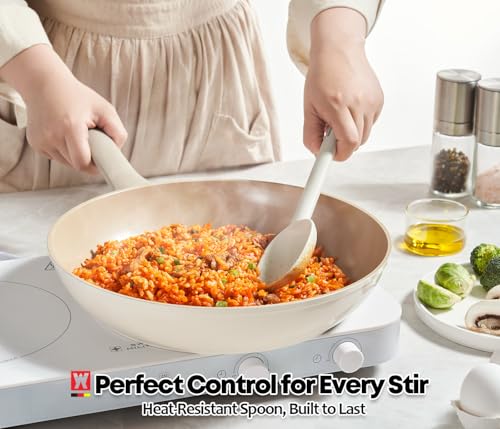 Wagensteiger Light Gray Silicone Cooking & Serving Spoon: Cooking Utensil with Heat Resistant, Non-stick Cookware Safe, Gentle Head Design, BPA Free (11.02inch x 2.56inch Solid) - size: 11.02inch x 2.56inch Solid