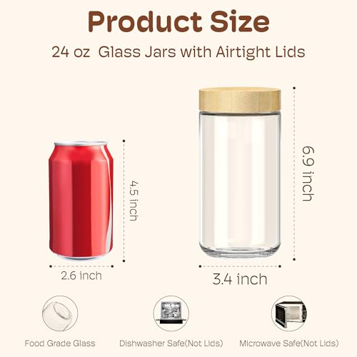 6 pack 24oz Overnight Oats Containers with Bamboo Lids, Glass Jars with Airtight Lids for Meal Prep, Wide Mouth Mason Salad Jars, Glass Food Storage Container for Yogurt Chia Snacks Spice Sugar - color: 24oz 6 Pack