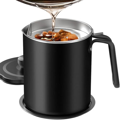 Chihee Grease Container Stainless Steel 2L / 67.6 fl oz Fine Mesh Strainer | Easy to Clean Large Spout Bacon Grease Saver Cooking Oil Keeper Stoarge Can with Dust-proof Lid Non-slip Tray Kitchen Frying - color: Black(2L)