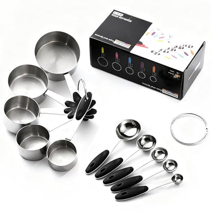 Inmorven 10pcs Measuring Cups and Spoons Set, Nesting Kitchen Stainless Steel Measuring Set for Baking Cooking Dry Liquid Ingredients Upgraded Thickness Handle-Black - color: Stainless Steel+Black