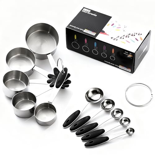 Inmorven 10pcs Measuring Cups and Spoons Set, Nesting Kitchen Stainless Steel Measuring Set for Baking Cooking Dry Liquid Ingredients Upgraded Thickness Handle-Black - color: Stainless Steel+Black