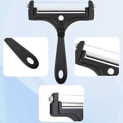 Cheese Slicer Kit, Stainless Steel Adjustable Thickness Iron Handheld Block Cheese Plane with 8 Extra Wires Charcuterie Cutter Curler Shaver Knife Board Accessories for Mozzarella Cheddar(Black)