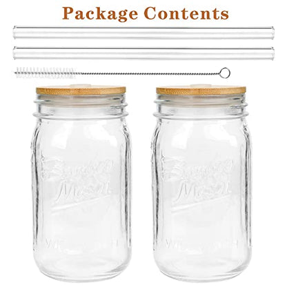 ANOTION Mason Jar with Lid and Straw, 32oz Wide Mouth Cup Reusable Drinking Glasses Tumbler Smoothie Water Bottles for Iced Coffee Margaritas Ice Cream Juice Cocktail Christmas Gifts
