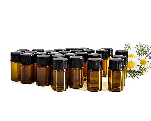 50Pcs 3ml Amber Sample Bottles,Mini Glass Essential Oil Bottle, with Black Screw Caps, for Travel Essential Oil and Perfume Vials Bottles (3ML)