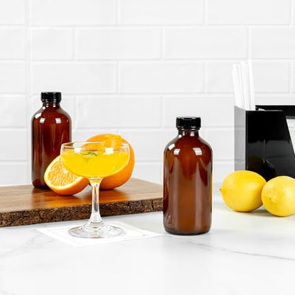 Restaurantware Vetri 8 Ounce Boston Glass Bottles, 12 Sample Bottles With Black Phenolic Caps - Dishwashable, Round, Amber Glass Bottle, For Potion, Juice, Ginger Shots, Whiskey, Liquids - color: Amber, size: 8 oz