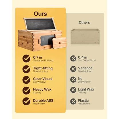 Happybuy Bee Hive 20 Frame Starter Kit - Premium Fir Wood with Beeswax Coating. Includes 1 Deep + 1 Medium Bee Boxes. Langstroth Beehive with Transparent Acrylic Windows and Foundations.