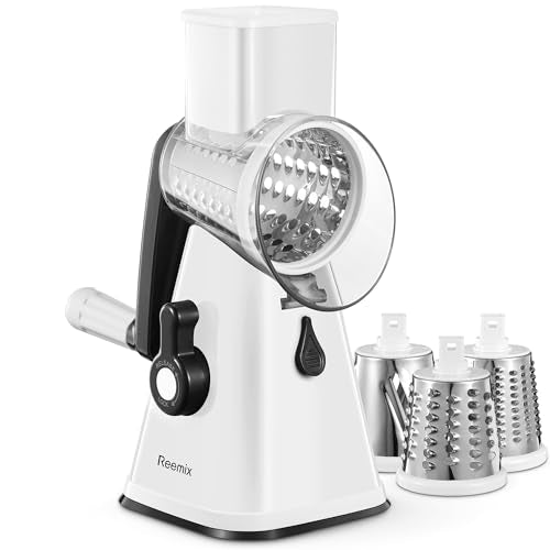 Rotary Cheese Grater with Handle, Reemix Vegetable Cheese Shredder Slicer Grater for Kitchen 3 Changeable Blades for Cheese Potato Zucchini Nuts Chocolate (White) - color: White