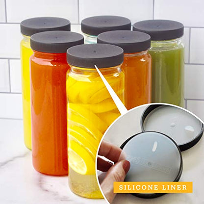 All About Juicing Clear Glass Water Bottles Set - 6 Pack Wide Mouth with Lids for Juice, Smoothies, Beverage Storage - 16 oz, Durable, Reusable, Dishwasher Safe, Leak Proof (Black Caps) - color: 16oz Black Caps