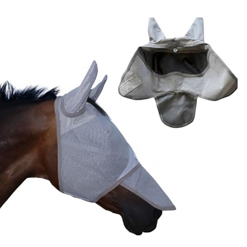 Horse Fly Mask with Nose Cover and Ears - 95% UV Eye Protection - Built-in Visor - Breathable, Lightweight Mask - Adjustable Fit for Comfort Horse Medium/Large Size