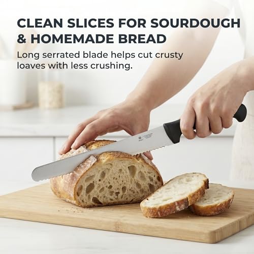 10-Inch Serrated Bread Knife with Sheath for Sourdough, German Steel | 1.4116 stainless steel blade for homemade and artisan loaves with Cover, Black