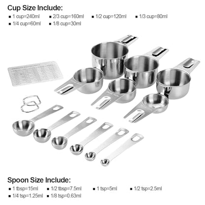 Measuring Cups and Spoons Set Heavy Duty 304 Metal Stainless Steel Measuring Cup Spoon Kitchen Gadgets for Cooking Baking (Set of 15) - size: Set of 15