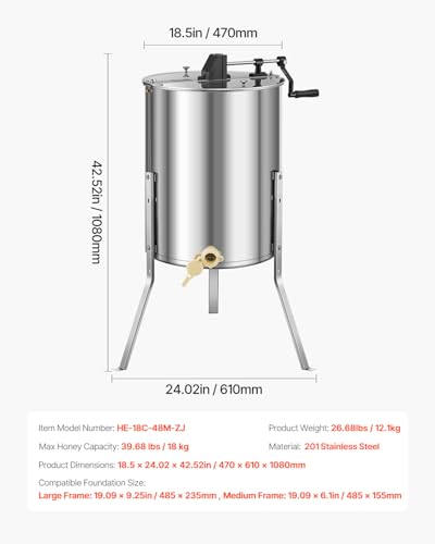 VEVOR Honey Extractor, 4/8 Frame Manual Honey Extractor with Transparent Lid, Stainless Steel Honeycomb Drum Spinner with Height Adjustable Stand, Honeycomb Extraction Equipment for Beekeeping - style: 8 Frame Rack(4 Deep Frames)