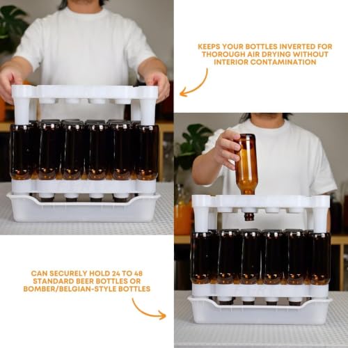 FastRack Complete Bottle Prep Kit | (2) Stackable Beer Bottle Drying Racks, (1) Drip Tray & (144) Black Crown Caps | Storage Tree Alternative for Homebrewing & Wine Making