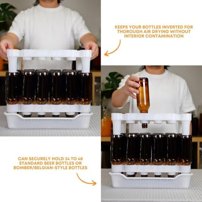 FastRack Complete Bottle Prep Kit | (2) Stackable Beer Bottle Drying Racks, (1) Drip Tray & (144) Black Crown Caps | Storage Tree Alternative for Homebrewing & Wine Making