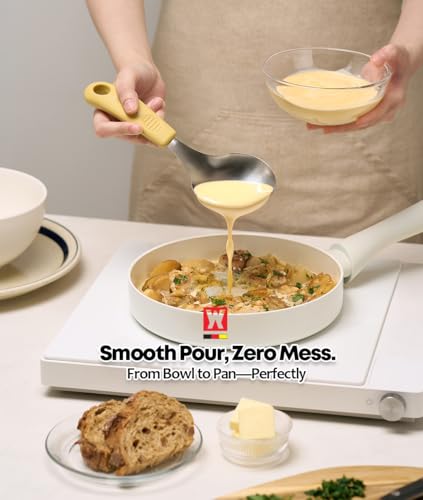 Short Stainless Steel Ladle 220mm (8.6”) – SUS304 Thick Deep Bowl Head with Soft-Grip Silicone Handle – Lightweight Mini Soup & Serving Spoon for Cooking – 5 Color Options (Yellow) - color: Yellow