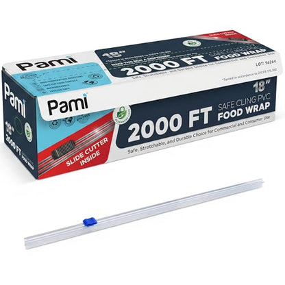 PAMI 18'' x 2000 FT PVC Cling Wrap, Heavy Duty Plastic Food Wrap with Slide Cutter, Clear Stretch Film, Strong Cling, Food Safe, for Commercial & Home Kitchen Use - size: 18'' x 2000 FT