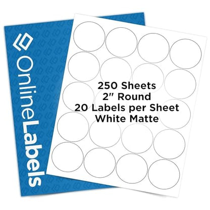2" Round Labels - Permanent Adhesive, White Matte - Great for Candle and Jar Lids, Products, Favor Labels - Pack of 5,000 Circle Stickers, 250 Sheets - Inkjet/Laser Printers, OL5375WX, OnlineLabels - size: 250 Sheet Pack