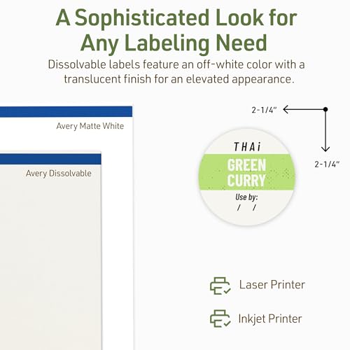 Avery Dissolvable Round Labels, Sure Feed Technology, 2.25" Diameter, Matte White, Print-to-The-Edge, Laser/Inkjet Printable, 60 Labels Total - style: 60 labels