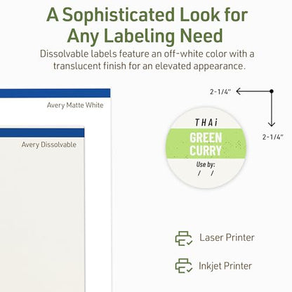 Avery Dissolvable Round Labels, Sure Feed Technology, 2.25" Diameter, Matte White, Print-to-The-Edge, Laser/Inkjet Printable, 300 Labels Total - style: 300 labels