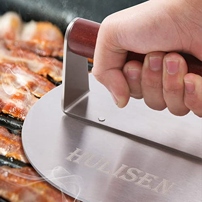 HULISEN 8.5-Inch Burger Press, 2.5 lbs Heavy Duty Bacon & Grill Press, Stainless Steel Smashed Burger Press, Round Smasher with Wood Handle, BBQ Griddle Accessories for Hamburger, Steak, Meat - size: 8.5 Inch Round