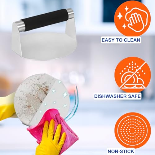 Burger Press Kit with Burger Smasher, 12'' Smash Burger Spatula, 9'' Basting Cover, & 50 Patty Papers for Smash Burgers, Hamburger Press Patty Maker, Smash Burger Press Kit (4pcs)