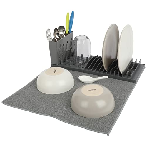 Lily's Home 19" x 15.5" Premium Microfiber Kitchen Counter Mat with Collapsible Rack Absorbent Dish Drying Mat for Sink Dishes Utensils Pots and Pans