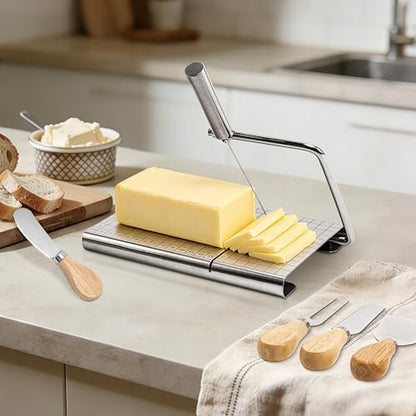RedCall Cheese Slicer with 4 Piece Cheese Knives Set, Stainless Steel Cheese Cutter with Measuring Grids,Tightness Adjustable Wire Cheese Slicer for Block Cheese, with 5 Extra Wires